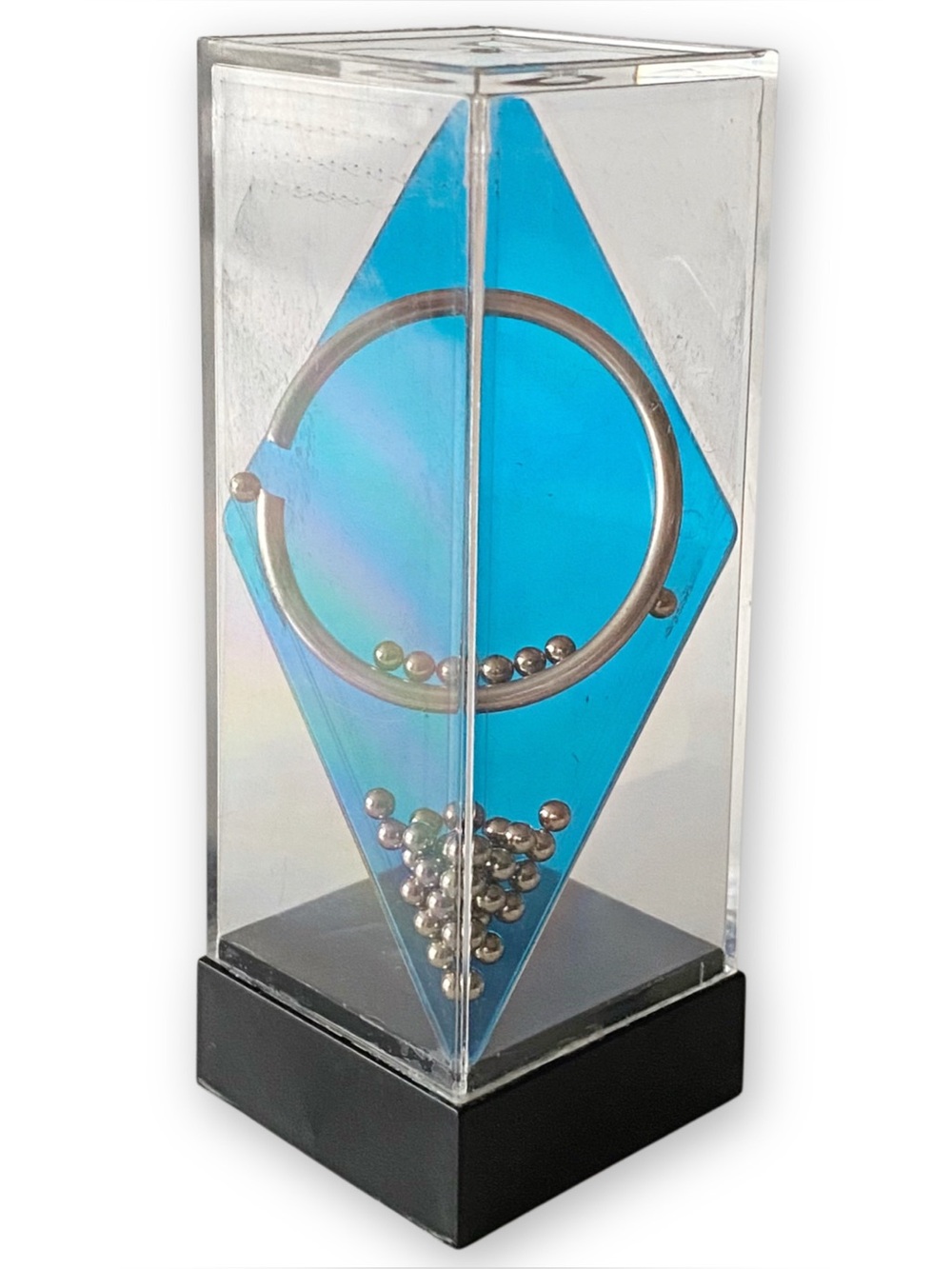 Vintage 1970s Acrylic Blue Diamond Tower Dexterity Kinetic Ball Ring Puzzle Game